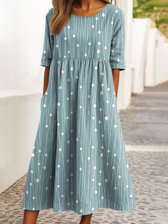 Damen Gestreift Sommer Kleid Rundhals Halbarm A-Linien-Kleid