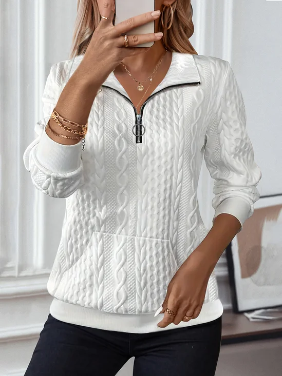 Lässig V-Ausschnitt Unifarben Sweatshirt