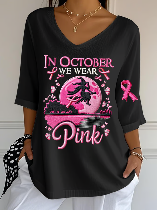 Retro Halloween V-Ausschnitt Dreiviertelärmel T-Shirt