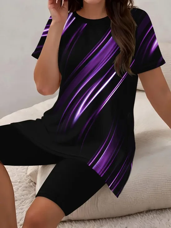 Damen Abstrakt Print Zweiteiliges Set Täglich Kurzarm Lässig Sommer Bluse mit Hose Matching Set