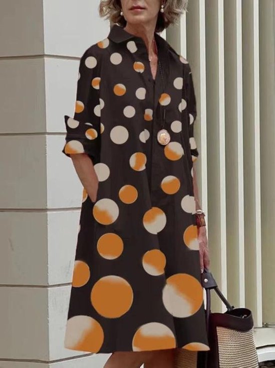 Damen Geometrisch Frühling/Herbst Kleid Schalkragen Langarm Blusenkleid H-Linie Kleid