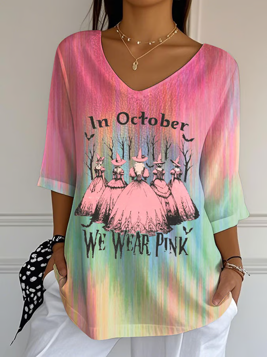 Retro Halloween V-Ausschnitt Dreiviertelärmel T-Shirt