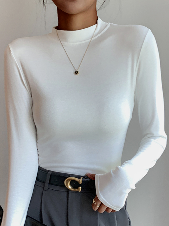 Einfach Unifarben Mock Neck Langarm T-Shirt