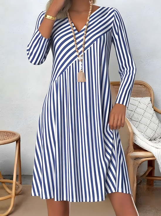 Damen Gestreift Frühling/Herbst Print Kleid V-Ausschnitt Langarm T-Shirt-Kleid H-Linie Kleid
