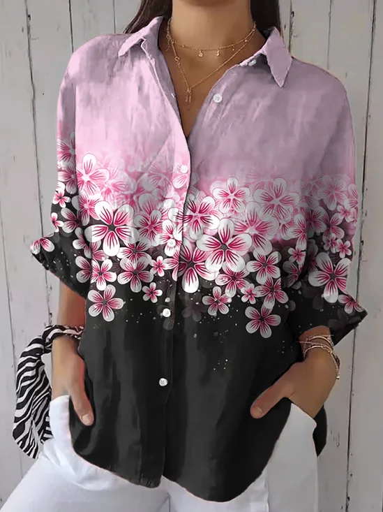 Hemdkragen Dreiviertelärmel Geblümt Print Regelmäßig Weit Knopfhemd Bluse für Damen