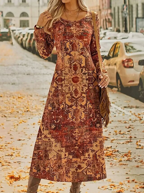 Damen Ethnisch Frühling/Herbst Kleid Rundhals Langarm A-Linien-Kleid