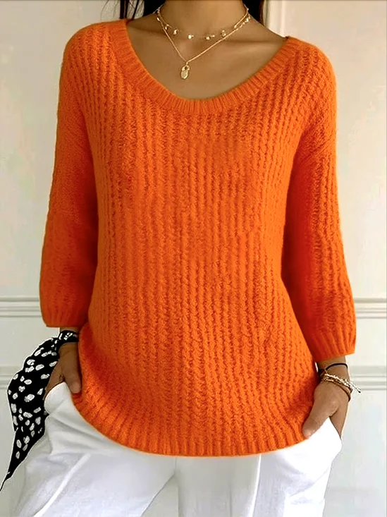 Damen Baumwolle Unifarben Langarm Bequem Lässig Pullover