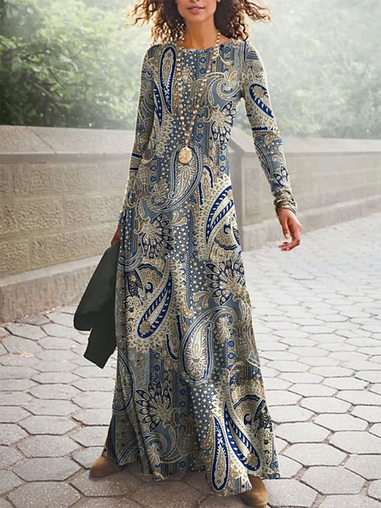 Damen Paisley Frühling/Herbst Kleid Rundhals Langarm A-Linien-Kleid