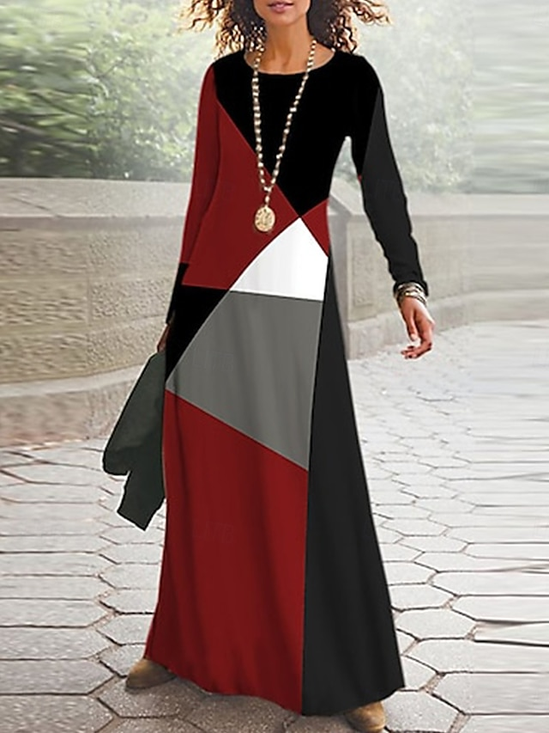Damen Geometrisch Frühling/Herbst Kleid Rundhals Langarm A-Linien-Kleid