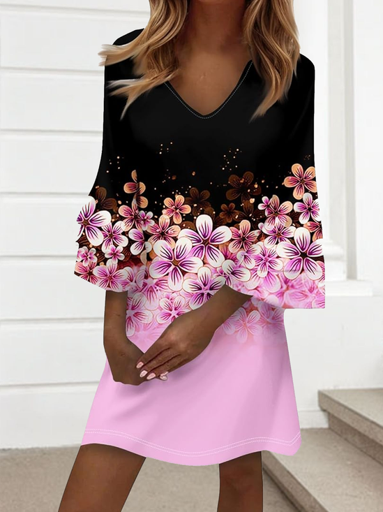 Damen Geblümt Sommer Kleid V-Ausschnitt Halbarm A-Linien-Kleid