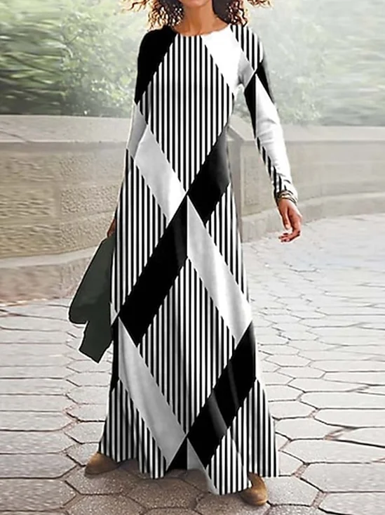 Damen Gestreift Frühling/Herbst Kleid Rundhals Langarm A-Linien-Kleid