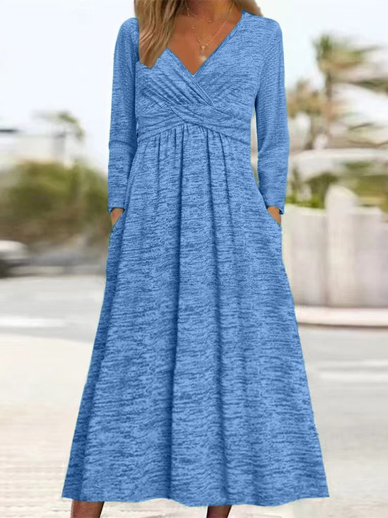 Damen Unifarben Frühling/Herbst Kleid V-Ausschnitt Langarm A-Linien-Kleid