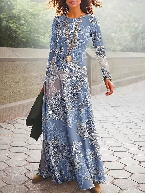 Damen Geblümt Frühling/Herbst Kleid Rundhals Langarm A-Linien-Kleid