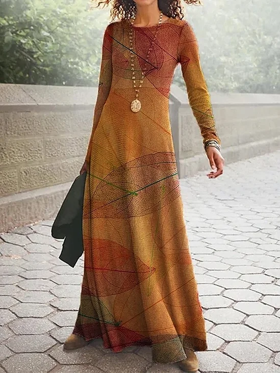 Damen Pflanzen Frühling/Herbst Kleid Rundhals Langarm A-Linien-Kleid