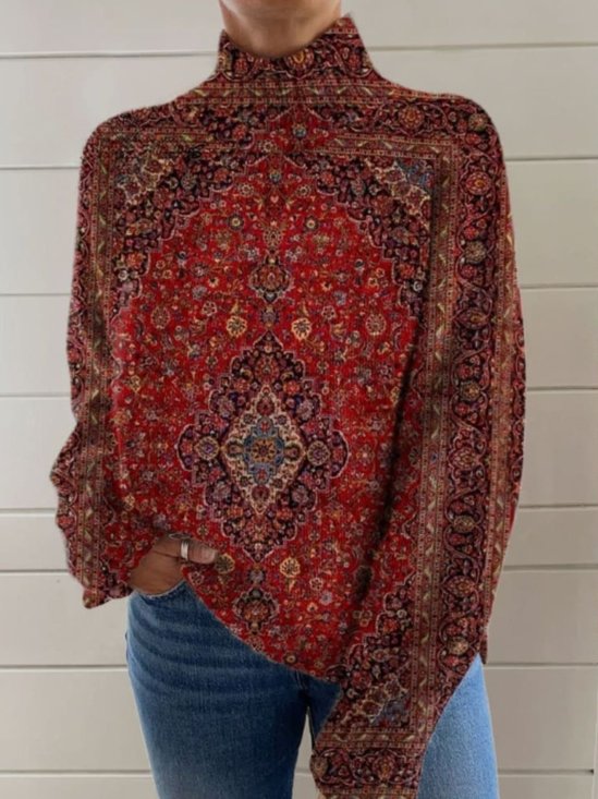 Damen Geblümt Langarm Bequem Retro Pullover