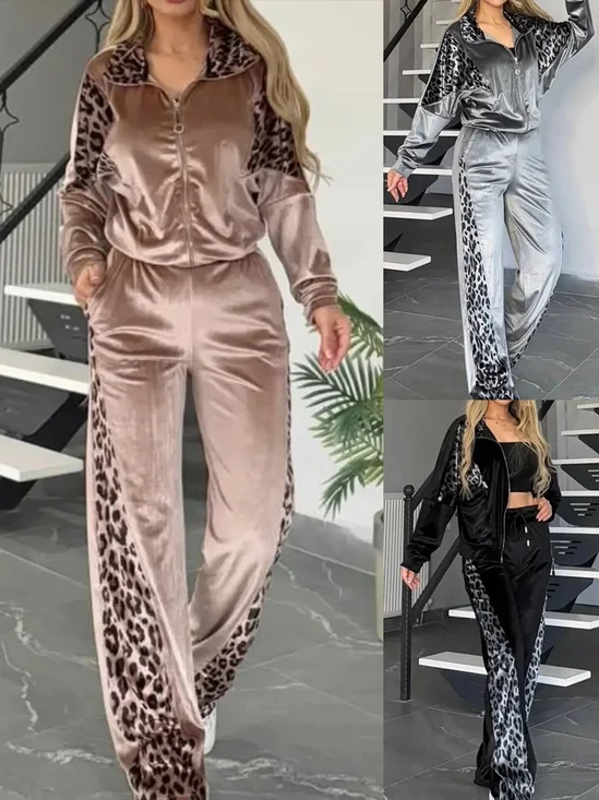 Damen Farbblock Print Zweiteiliges Set Täglich Langarm Lässig Frühling/Herbst Bluse mit Hose Matching Set