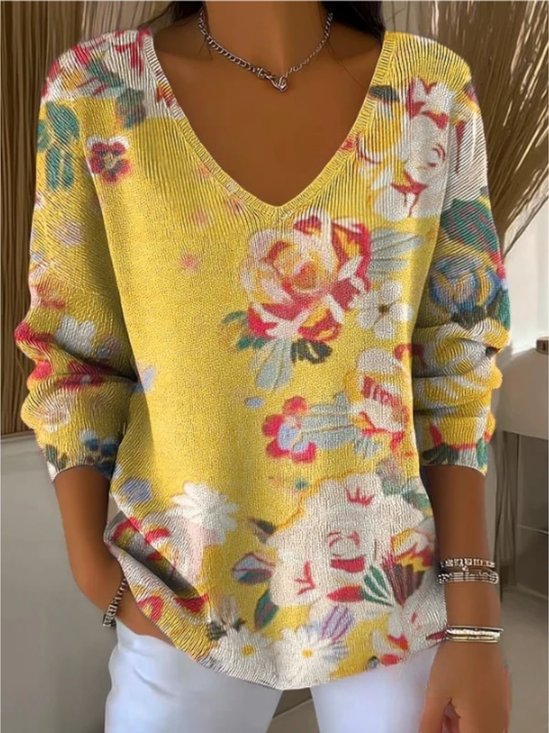 Damen Baumwolle Geblümt Langarm Bequem Lässig Pullover