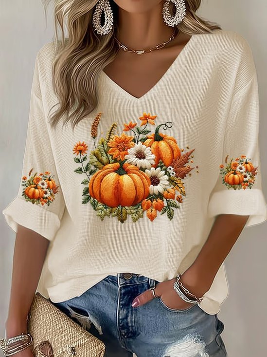 Retro Halloween (Kürbis) V-Ausschnitt Dreiviertelärmel T-Shirt