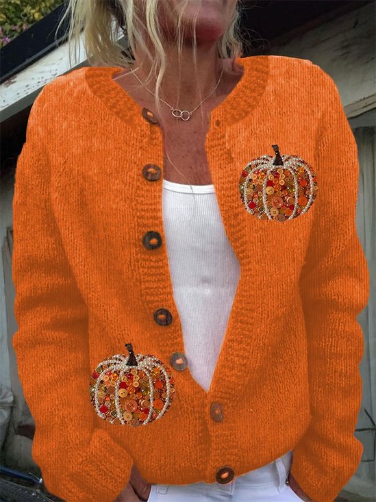 Damen Gestrickt Kürbismuster Langarm Bequem Retro Strickjacke