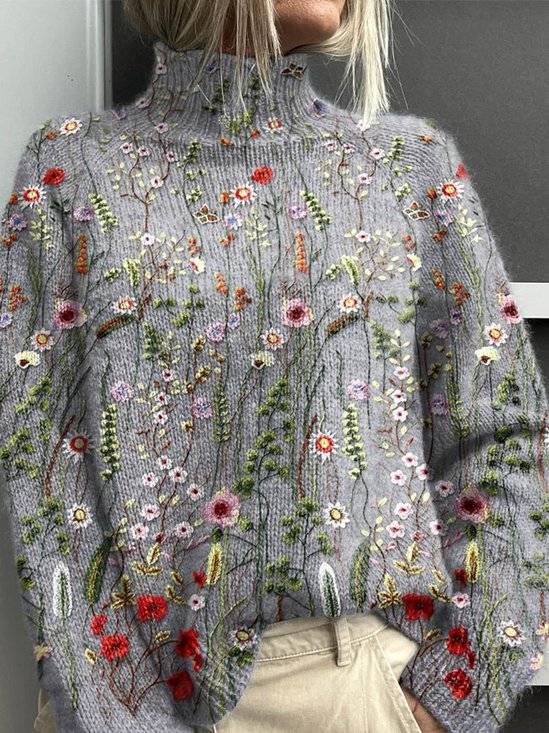 Damen Geblümt Langarm Bequem Lässig Pullover