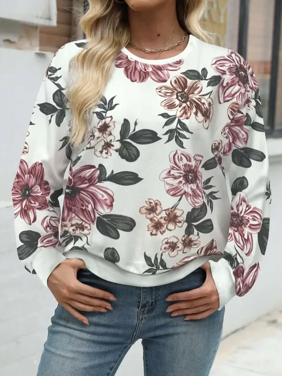 Lässig Rundhals Geblümt Sweatshirt Print