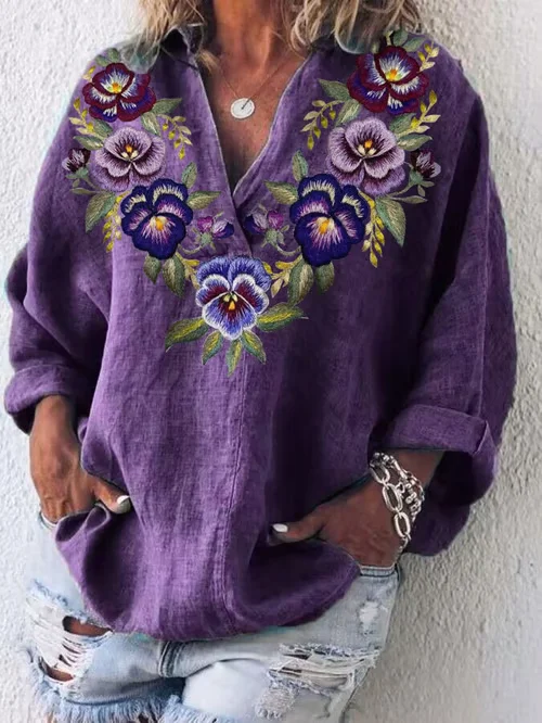 Schalkragen Langarm Geblümt Print Regelmäßig Mikroelastizität Weit Bluse für Damen