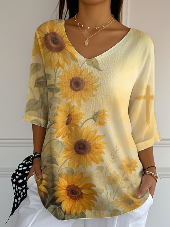 Retro Sonnenblume Rundhals Dreiviertelärmel T-Shirt