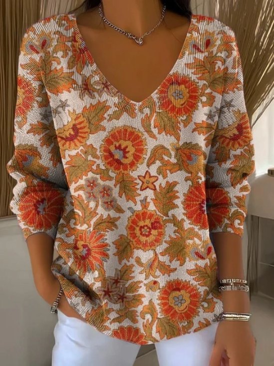 Damen Baumwolle Geblümt Langarm Bequem Lässig Pullover