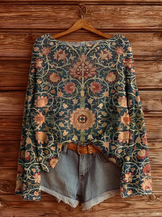 Damen Ethnisch Langarm Bequem Retro Pullover