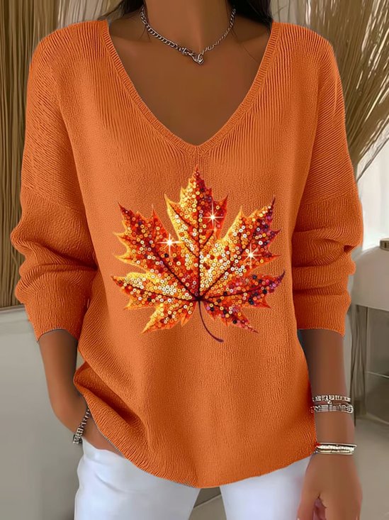 Damen Baumwolle Ahornblatt Langarm Bequem Lässig Pullover