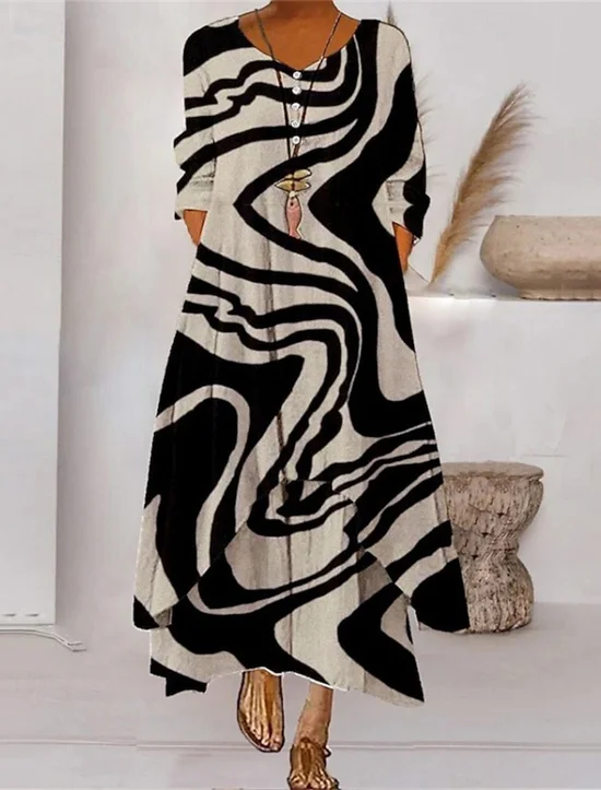 Damen Gestreift Sommer Kleid Rundhals Langarm Blusenkleid A-Linien-Kleid