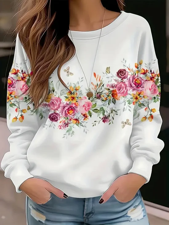 Lässig Rundhals Geblümt Sweatshirt Print