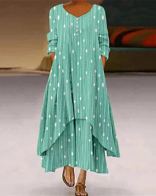 Damen Gestreift Sommer Kleid Rundhals Langarm Blusenkleid A-Linien-Kleid