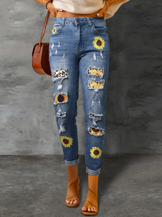 Straße Leopard Fashion schmal geschnitten Print Patchwork Zerrissen Jeans