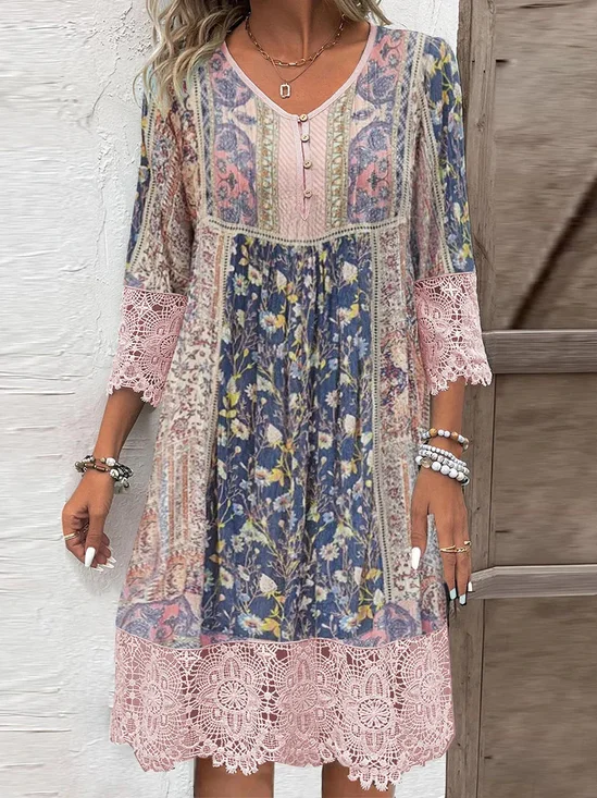 Damen Geblümt Frühling/Herbst Nahtverarbeitung Kleid V-Ausschnitt Dreiviertelärmel T-Shirt-Kleid A-Linien-Kleid