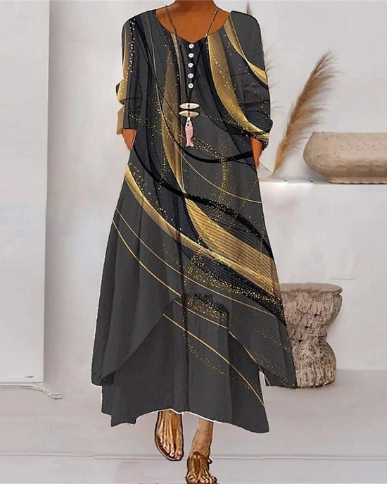 Damen Gestreift Sommer Kleid Rundhals Langarm Blusenkleid A-Linien-Kleid