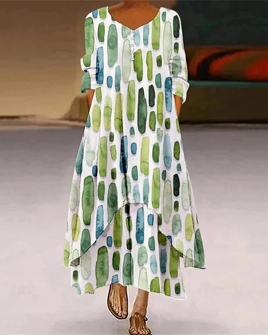 Damen Gestreift Sommer Kleid Rundhals Langarm Blusenkleid A-Linien-Kleid