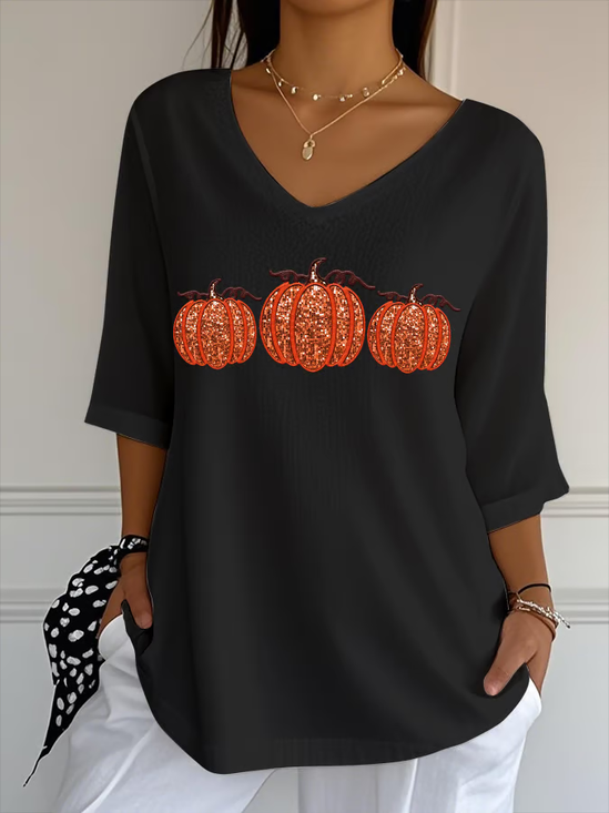 Lässig Halloween (Kürbis) V-Ausschnitt Dreiviertelärmel T-Shirt