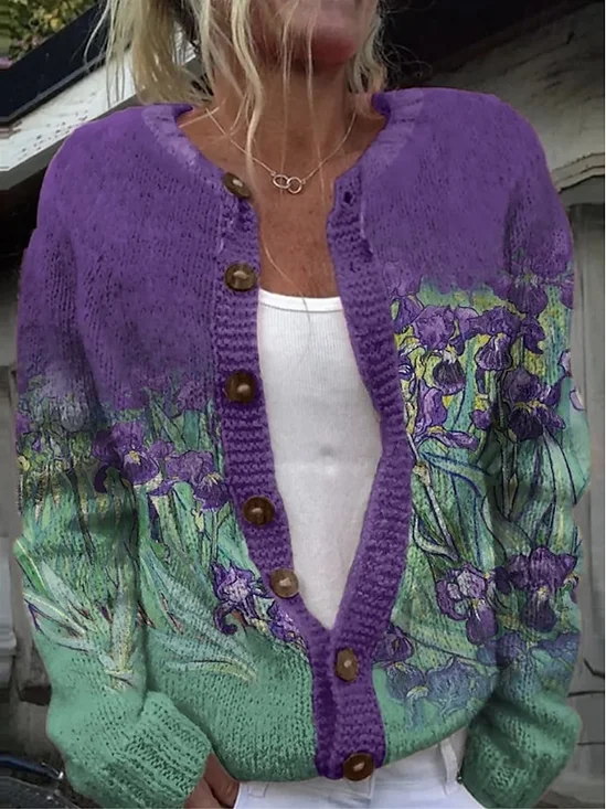 Damen Wolle/Stricken Geblümt Langarm Bequem Lässig Strickjacke