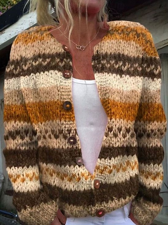 Damen Wolle/Stricken Gestreift Langarm Bequem Lässig Strickjacke