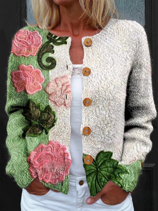 Damen Gestrickt Geblümt Langarm Bequem Retro Strickjacke