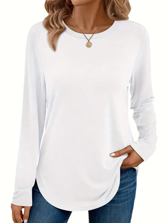 Lässig Unifarben Farbe Rundhals Langarm T-Shirt