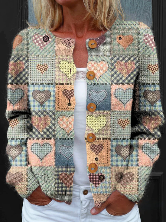 Damen Gestrickt Geometrisch Langarm Bequem Retro Strickjacke