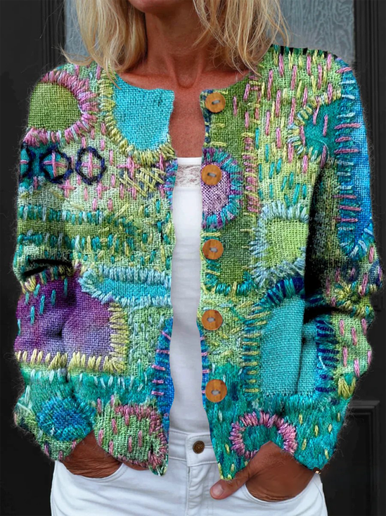 Damen Gestrickt Geometrisch Langarm Bequem Retro Strickjacke