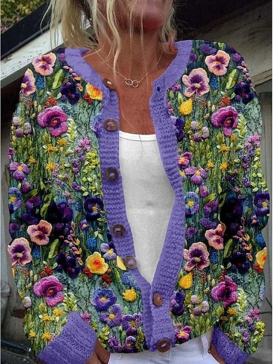 Damen Wolle/Stricken Geblümt Langarm Bequem Lässig Strickjacke