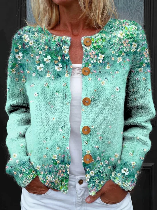 Damen Gestrickt Geblümt Langarm Bequem Retro Strickjacke