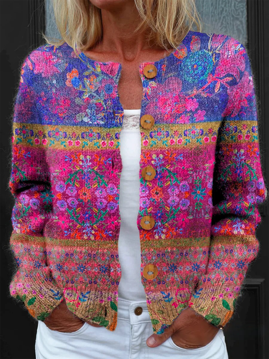 Damen Gestrickt Geometrisch Langarm Bequem Retro Strickjacke