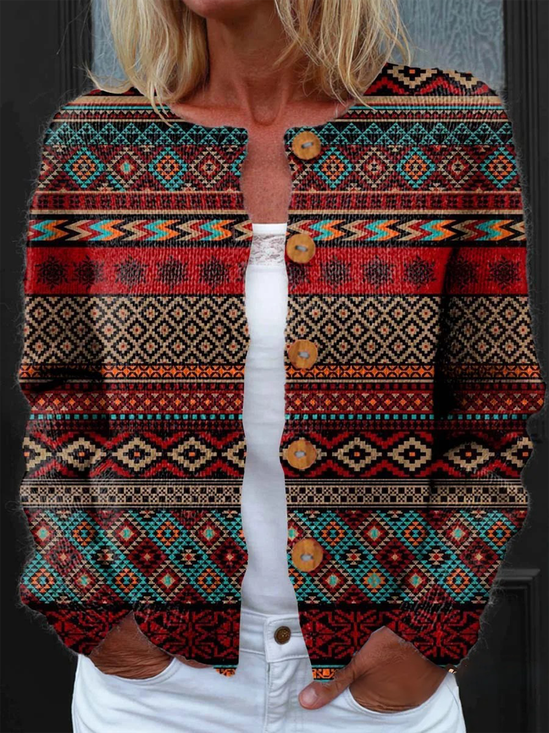 Damen Gestrickt Gestreift Langarm Bequem Retro Strickjacke