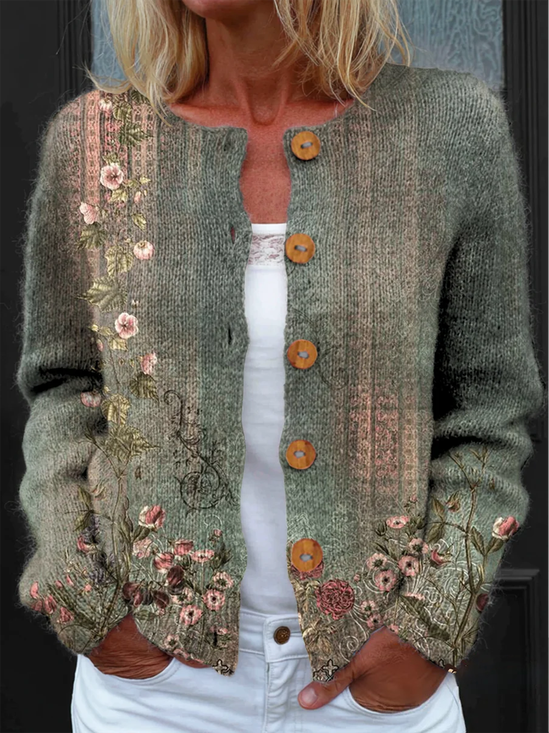 Damen Gestrickt Geometrisch Langarm Bequem Retro Strickjacke