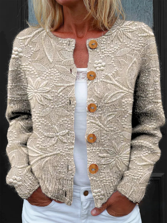 Damen Gestrickt Geblümt Langarm Bequem Retro Strickjacke